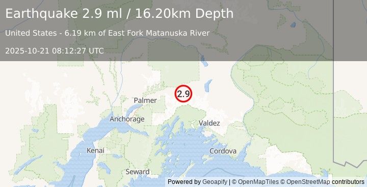 Earthquake 12 km SE of Glacier View, Alaska (2.9 ml) (2025-10-21 08:12:27 UTC)