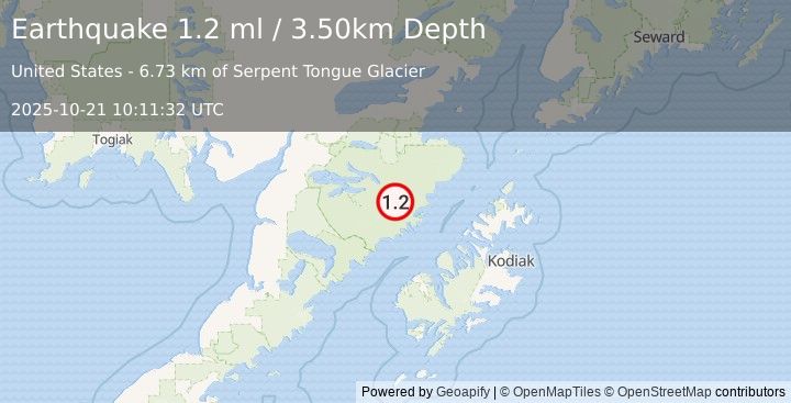 Earthquake 95 km N of Karluk, Alaska (1.2 ml) (2025-10-21 10:11:32 UTC)