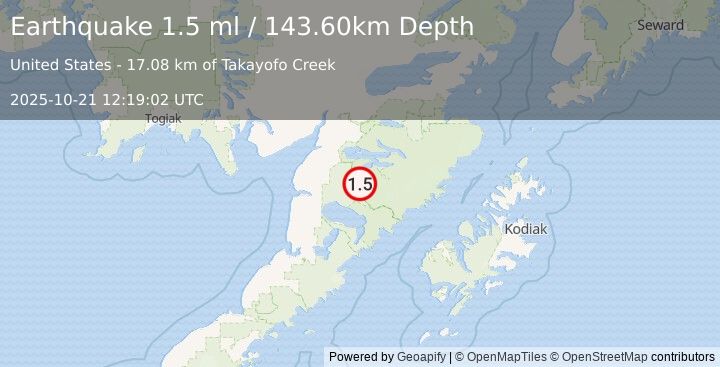 Earthquake 52 km SE of King Salmon, Alaska (1.4 ml) (2025-10-21 12:19:01 UTC)
