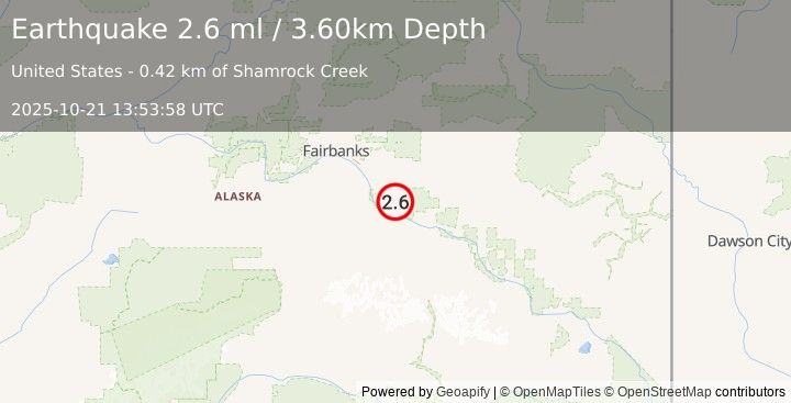 Earthquake 4 km NE of Harding-Birch Lakes, Alaska (2.6 ml) (2025-10-21 13:53:58 UTC)