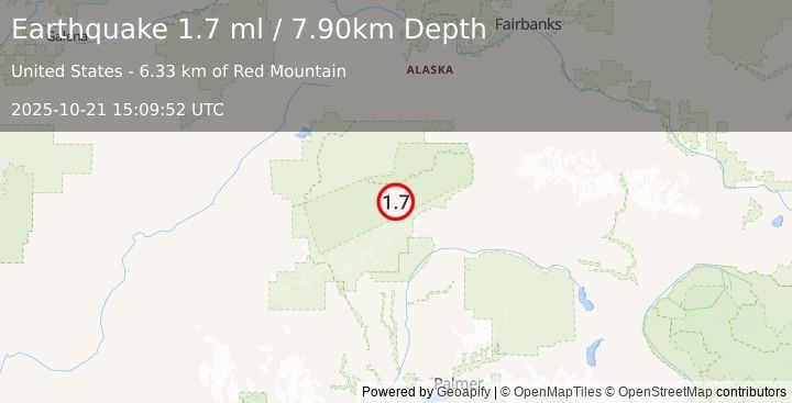 Earthquake 71 km W of Cantwell, Alaska (1.7 ml) (2025-10-21 15:09:52 UTC)