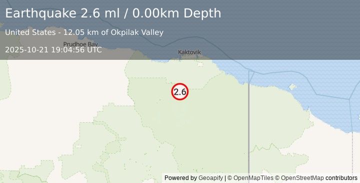 Earthquake 69 km SSW of Kaktovik, Alaska (2.6 ml) (2025-10-21 19:04:56 UTC)
