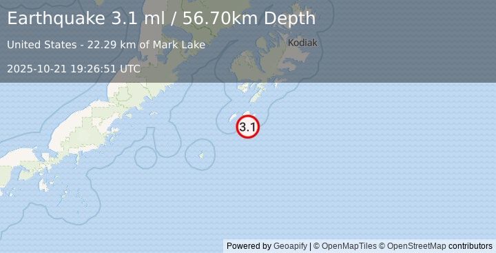 Earthquake 68 km S of Akhiok, Alaska (3.1 ml) (2025-10-21 19:26:51 UTC)