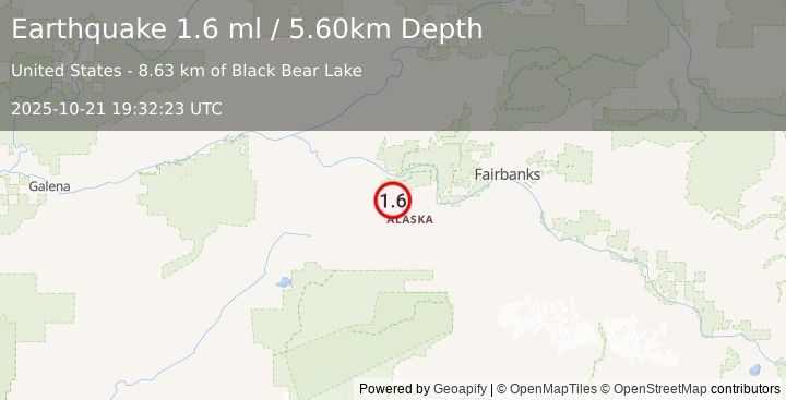 Earthquake 42 km W of Four Mile Road, Alaska (1.6 ml) (2025-10-21 19:32:23 UTC)