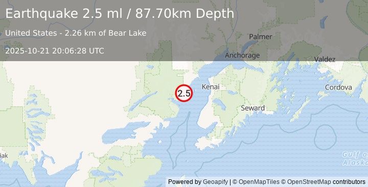 Earthquake 56 km NW of Ninilchik, Alaska (2.5 ml) (2025-10-21 20:06:28 UTC)