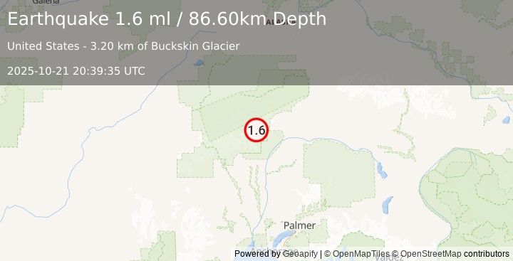 Earthquake 54 km NNE of Petersville, Alaska (1.6 ml) (2025-10-21 20:39:35 UTC)