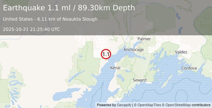 Earthquake 44 km W of Tyonek, Alaska (1.1 ml) (2025-10-21 21:25:40 UTC)
