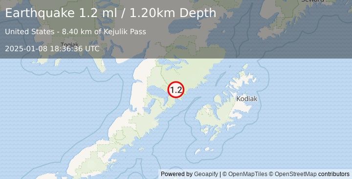 Earthquake 83 km NW of Karluk, Alaska (1.2 ml) (2025-01-08 18:36:36 UTC)