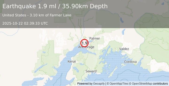 Earthquake 6 km NNW of Point MacKenzie, Alaska (1.9 ml) (2025-10-22 02:39:32 UTC)
