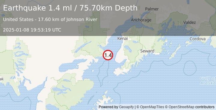 Earthquake 33 km W of Happy Valley, Alaska (1.4 ml) (2025-01-08 19:53:19 UTC)