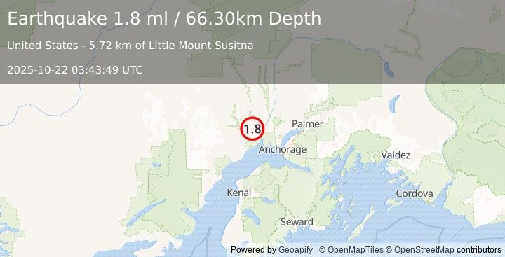 Earthquake 17 km W of Susitna, Alaska (1.8 ml) (2025-10-22 03:43:49 UTC)