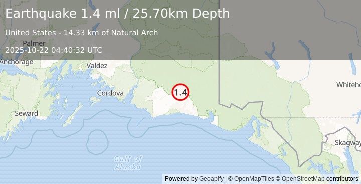 Earthquake 97 km S of McCarthy, Alaska (1.4 ml) (2025-10-22 04:40:32 UTC)
