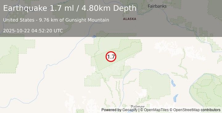 Earthquake 47 km SE of Denali National Park, Alaska (1.7 ml) (2025-10-22 04:52:20 UTC)