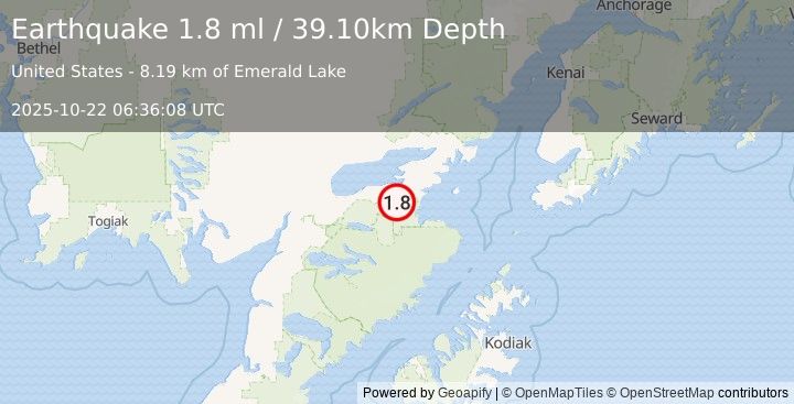 Earthquake 22 km SSE of Kokhanok, Alaska (1.8 ml) (2025-10-22 06:36:08 UTC)