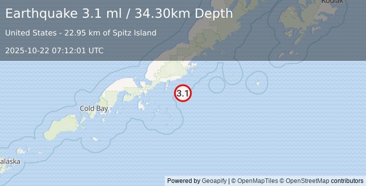 Earthquake 40 km SSE of Perryville, Alaska (3.1 ml) (2025-10-22 07:12:01 UTC)