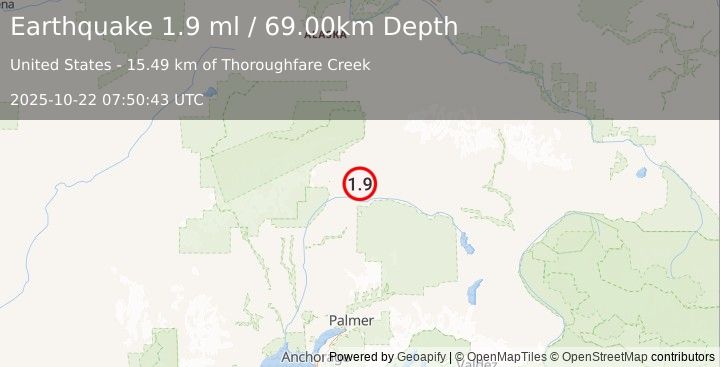 Earthquake 44 km S of Cantwell, Alaska (1.9 ml) (2025-10-22 07:50:43 UTC)