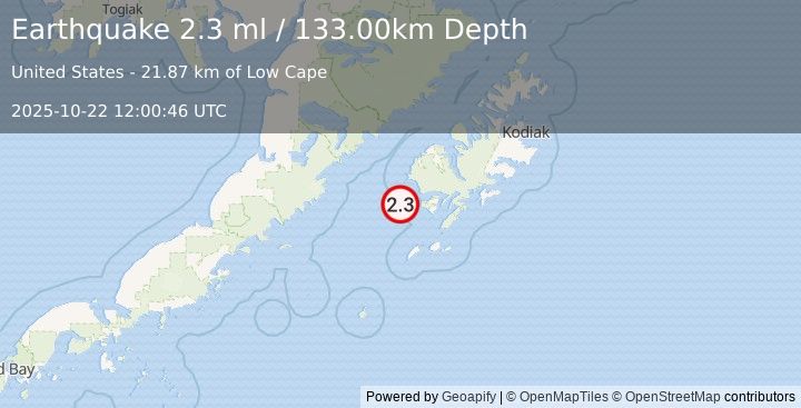 Earthquake 43 km W of Akhiok, Alaska (2.3 ml) (2025-10-22 12:00:46 UTC)