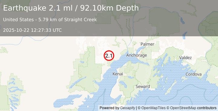 Earthquake 43 km WNW of Tyonek, Alaska (2.1 ml) (2025-10-22 12:27:33 UTC)