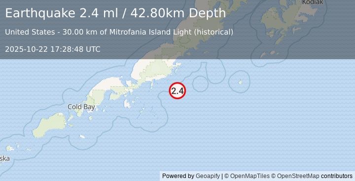 Earthquake 56 km SE of Perryville, Alaska (2.4 ml) (2025-10-22 17:28:48 UTC)