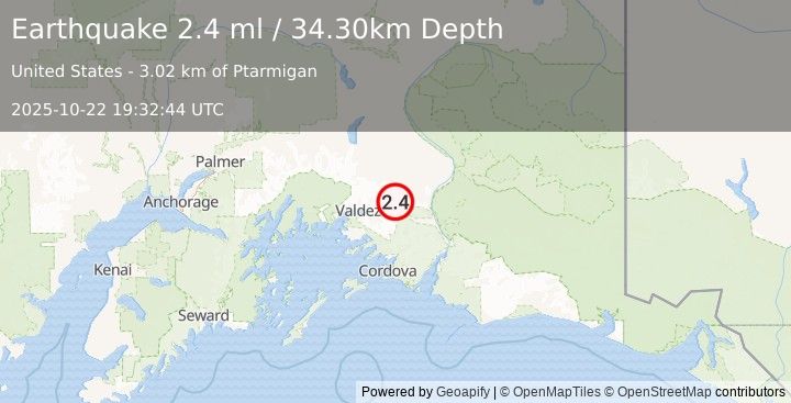 Earthquake 41 km ENE of Valdez, Alaska (2.4 ml) (2025-10-22 19:32:44 UTC)