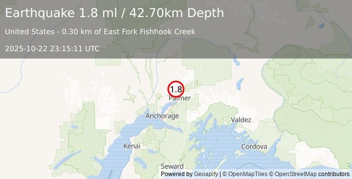 Earthquake 4 km NNW of Fishhook, Alaska (1.8 ml) (2025-10-22 23:15:11 UTC)
