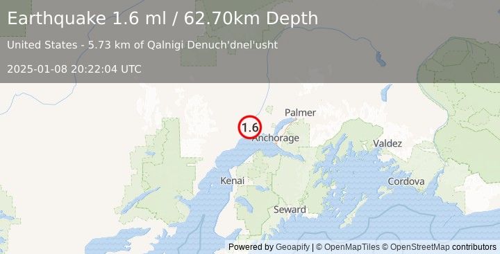 Earthquake 21 km SSW of Susitna, Alaska (1.6 ml) (2025-01-08 20:22:04 UTC)