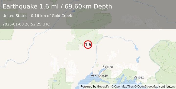 Earthquake 8 km WNW of Petersville, Alaska (1.6 ml) (2025-01-08 20:52:25 UTC)