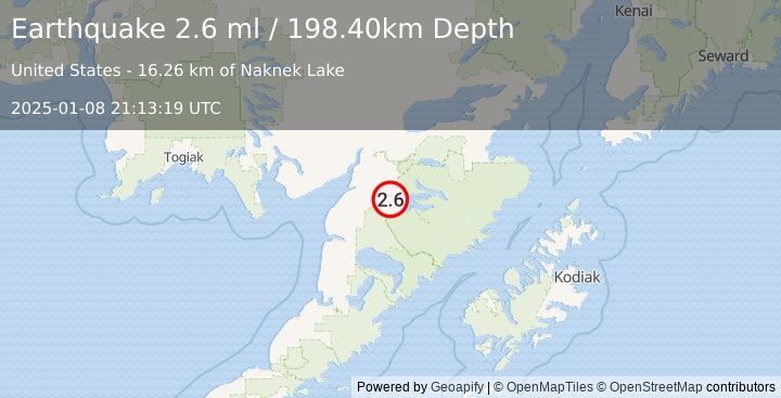 Earthquake 28 km ESE of King Salmon, Alaska (2.6 ml) (2025-01-08 21:13:19 UTC)