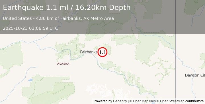 Earthquake 11 km ESE of Pleasant Valley, Alaska (1.1 ml) (2025-10-23 03:06:59 UTC)