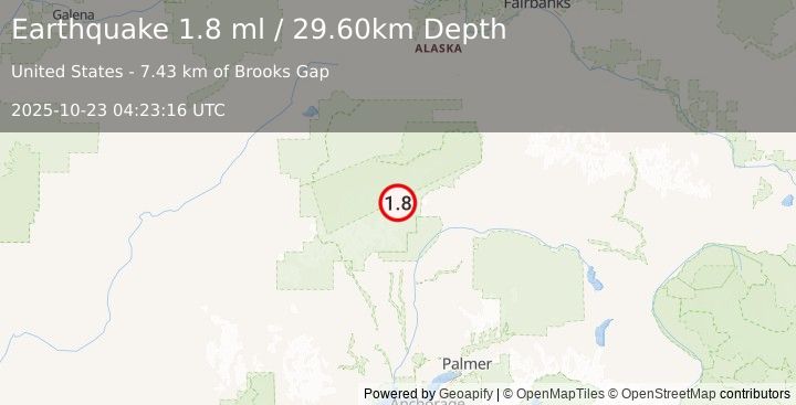 Earthquake 67 km NNE of Petersville, Alaska (1.8 ml) (2025-10-23 04:23:16 UTC)