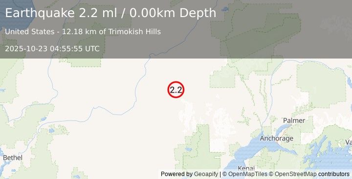 Earthquake 84 km S of Nikolai, Alaska (2.2 ml) (2025-10-23 04:55:55 UTC)