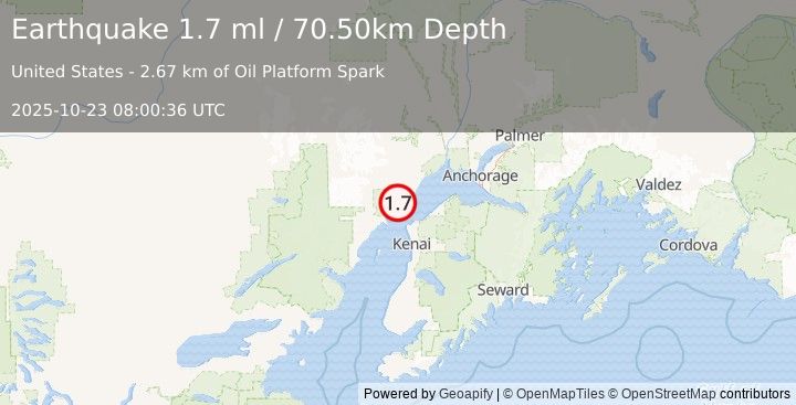 Earthquake 24 km WSW of Tyonek, Alaska (1.7 ml) (2025-10-23 08:00:36 UTC)
