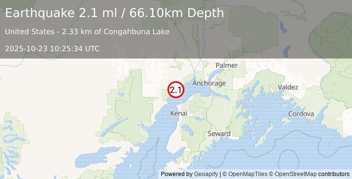 Earthquake 13 km W of Tyonek, Alaska (2.1 ml) (2025-10-23 10:25:34 UTC)
