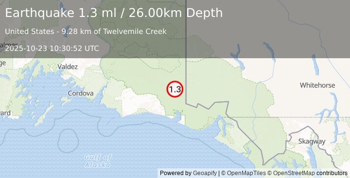 Earthquake 117 km SE of McCarthy, Alaska (1.3 ml) (2025-10-23 10:30:52 UTC)