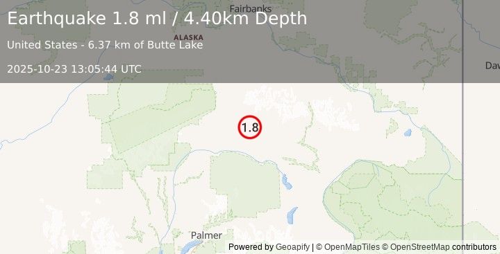 Earthquake 65 km ESE of Cantwell, Alaska (1.8 ml) (2025-10-23 13:05:44 UTC)