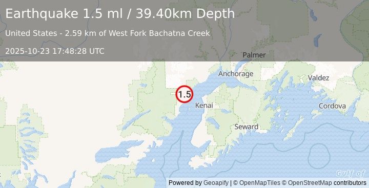 Earthquake 45 km WNW of Nikiski, Alaska (1.5 ml) (2025-10-23 17:48:28 UTC)