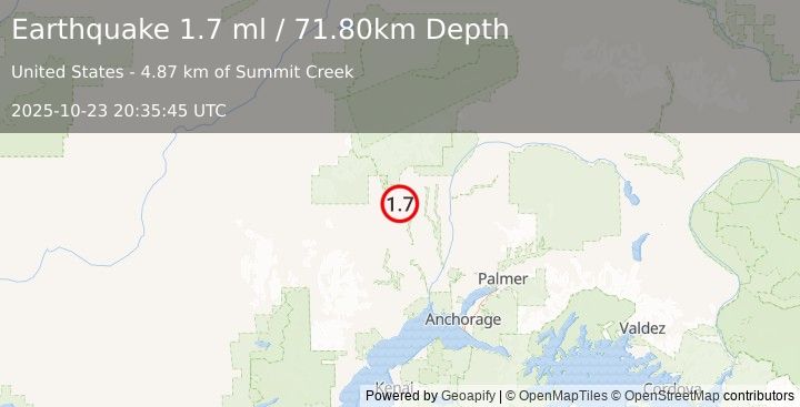 Earthquake 29 km SW of Petersville, Alaska (1.7 ml) (2025-10-23 20:35:45 UTC)