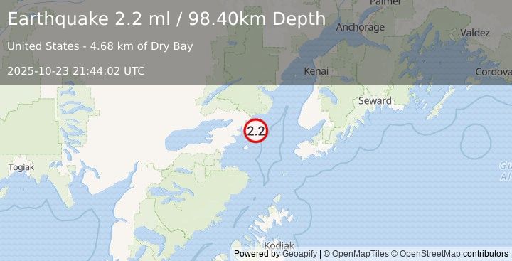 Earthquake 58 km ESE of Pedro Bay, Alaska (2.2 ml) (2025-10-23 21:44:02 UTC)