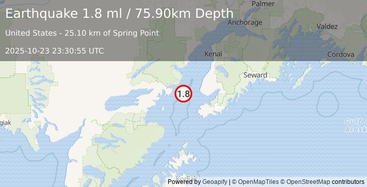 Earthquake 40 km WSW of Anchor Point, Alaska (1.8 ml) (2025-10-23 23:30:55 UTC)