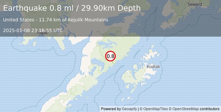 Earthquake 88 km SE of King Salmon, Alaska (0.8 ml) (2025-01-08 23:16:55 UTC)