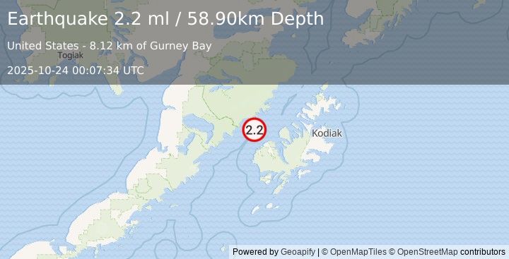 Earthquake 33 km NNW of Karluk, Alaska (2.2 ml) (2025-10-24 00:07:34 UTC)