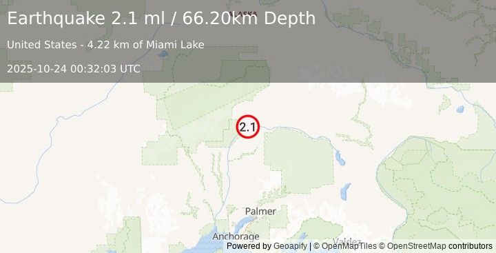 Earthquake 54 km NE of Chase, Alaska (2.1 ml) (2025-10-24 00:32:03 UTC)