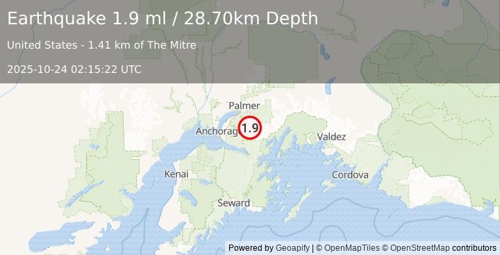Earthquake 21 km S of Knik River, Alaska (1.9 ml) (2025-10-24 02:15:22 UTC)