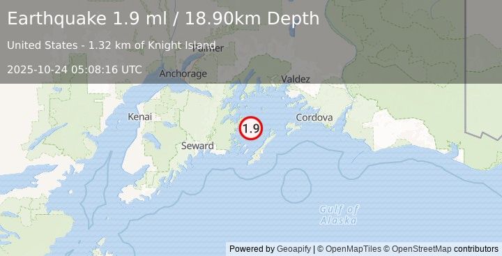 Earthquake 37 km NNE of Chenega, Alaska (1.9 ml) (2025-10-24 05:08:16 UTC)
