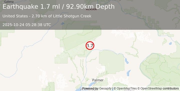 Earthquake 59 km SW of Cantwell, Alaska (1.7 ml) (2025-10-24 05:28:38 UTC)
