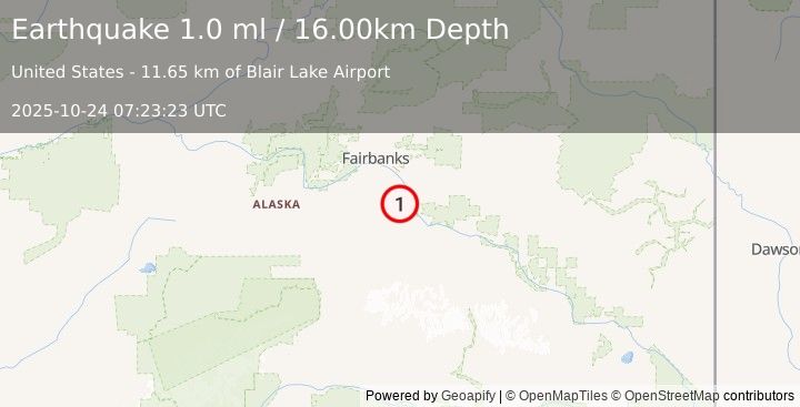 Earthquake 17 km WSW of Salcha, Alaska (1.0 ml) (2025-10-24 07:23:23 UTC)