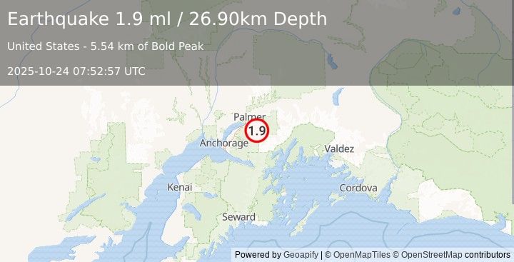 Earthquake 8 km SSE of Knik River, Alaska (1.9 ml) (2025-10-24 07:52:57 UTC)