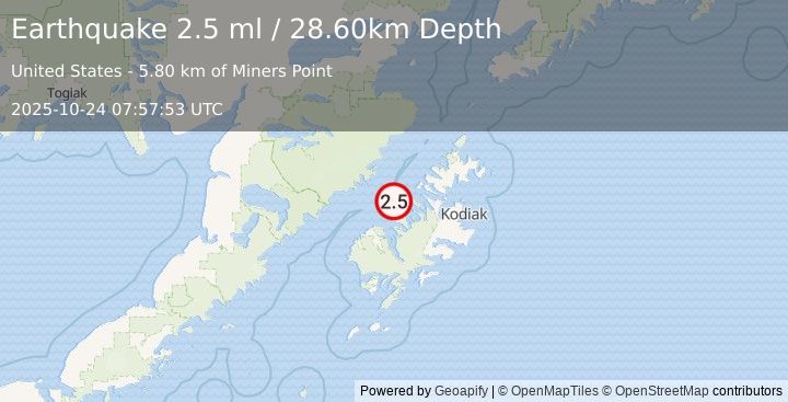 Earthquake 44 km NNE of Larsen Bay, Alaska (2.5 ml) (2025-10-24 07:57:53 UTC)