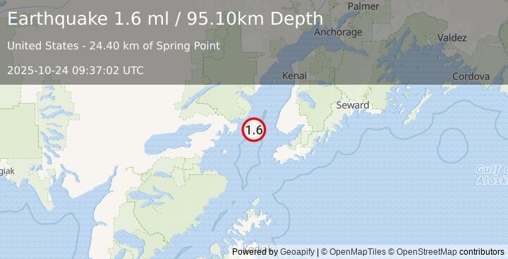 Earthquake 39 km W of Anchor Point, Alaska (1.6 ml) (2025-10-24 09:37:02 UTC)