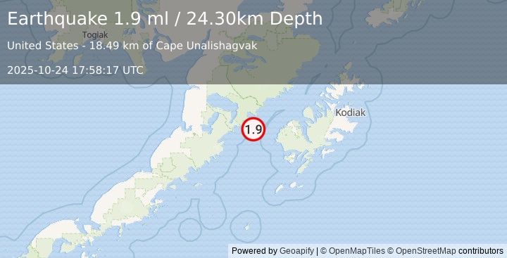 Earthquake 58 km W of Karluk, Alaska (1.9 ml) (2025-10-24 17:58:17 UTC)